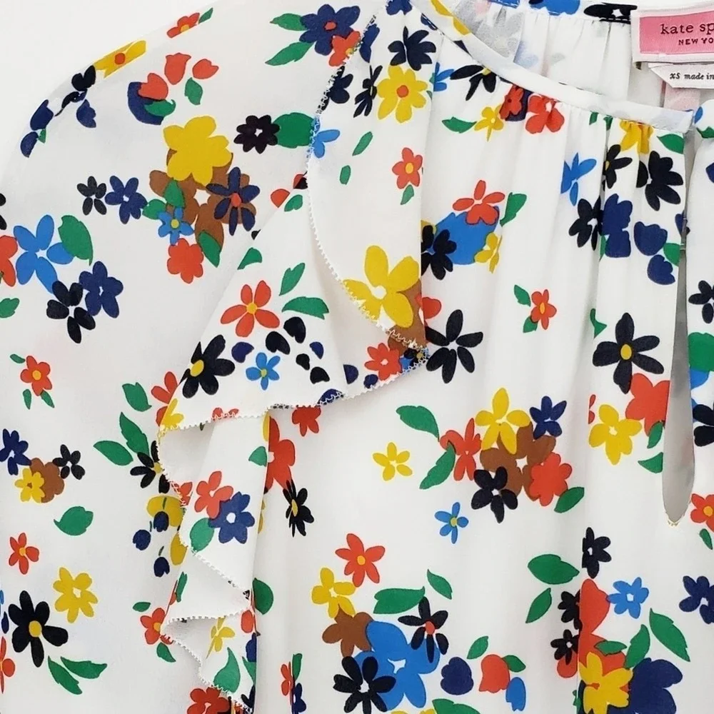 Kate Spade Ivory Sailing‎ Floral Ruffle Blouse Top White Floral Print
